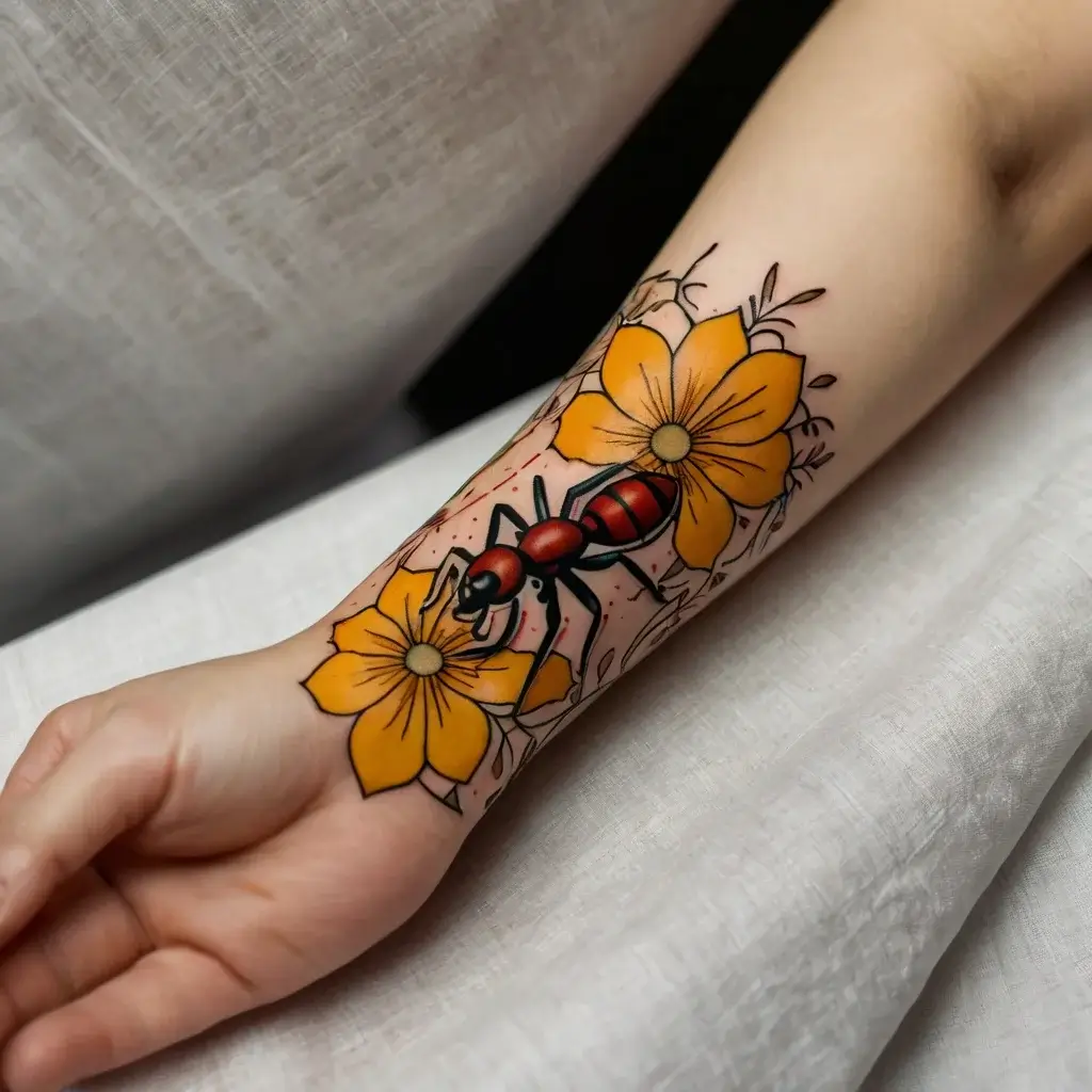 Red ant crawling across bold yellow flowers with delicate outlines on the forearm; vibrant and dynamic design.