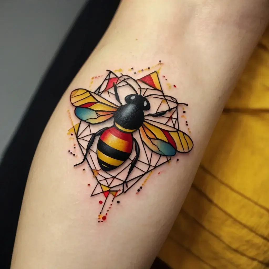 Bold geometric bee tattoo with vibrant yellow, red, and black accents, set against a polygonal background.