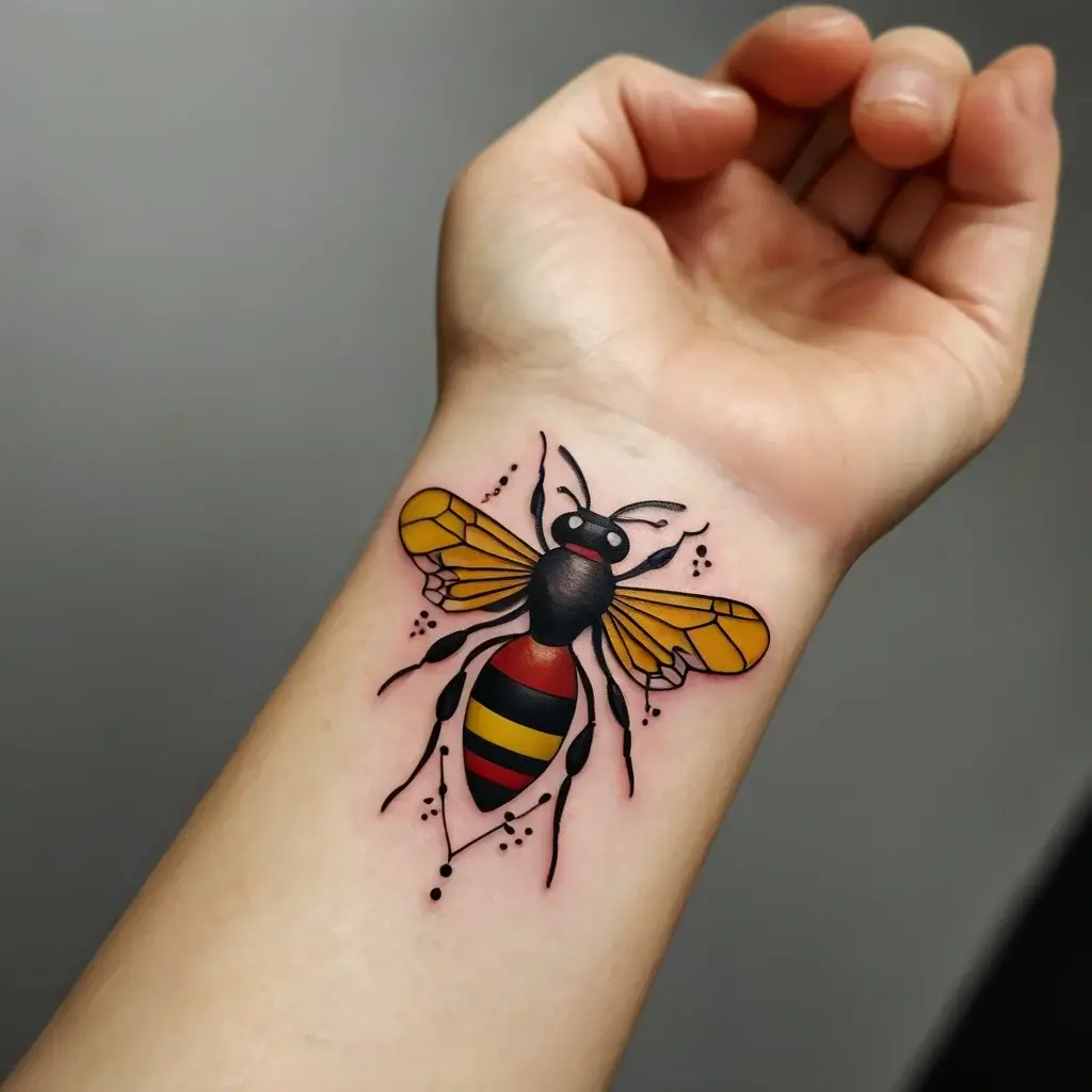 Colorful bee tattoo on wrist, showcasing vibrant yellow wings and bold stripes, with dotted accents for a dynamic look.