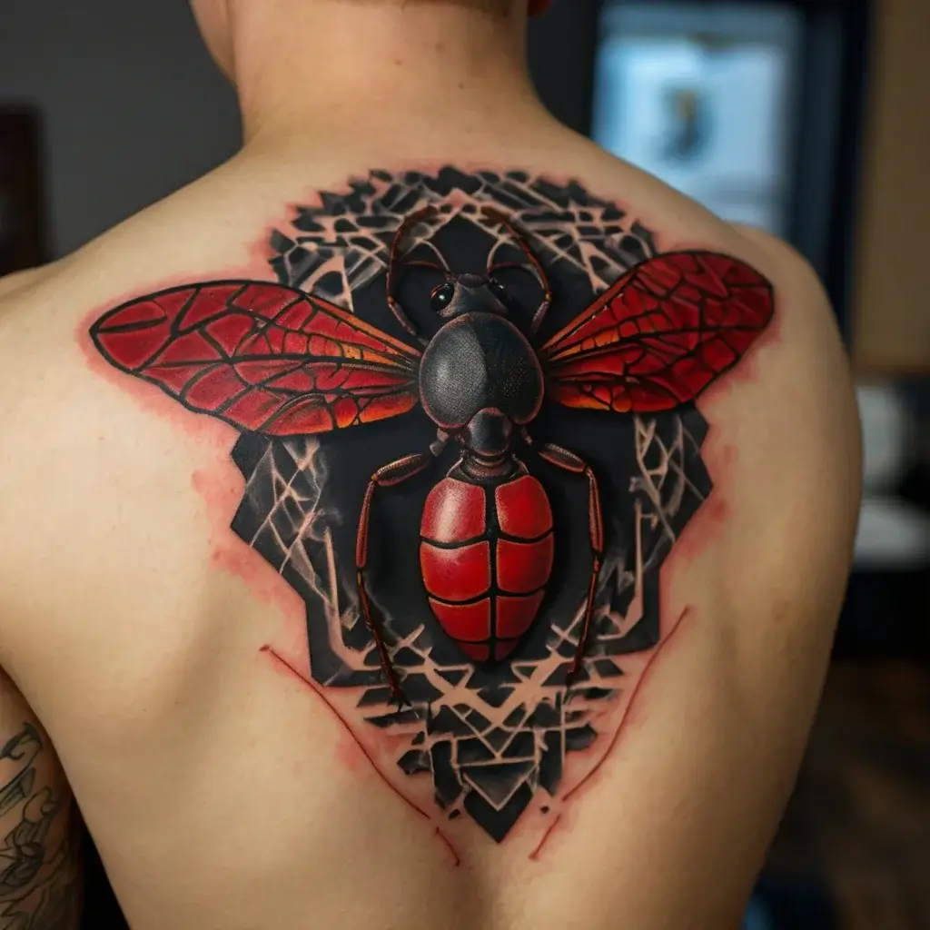 Realistic tattoo of a large red wasp with geometric black accents on the back, detailed shading enhances 3D effect.