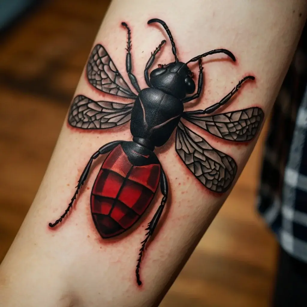 Tattoo of a realistic black and red bug with detailed wings and shading, highlighted with subtle red accents on skin.