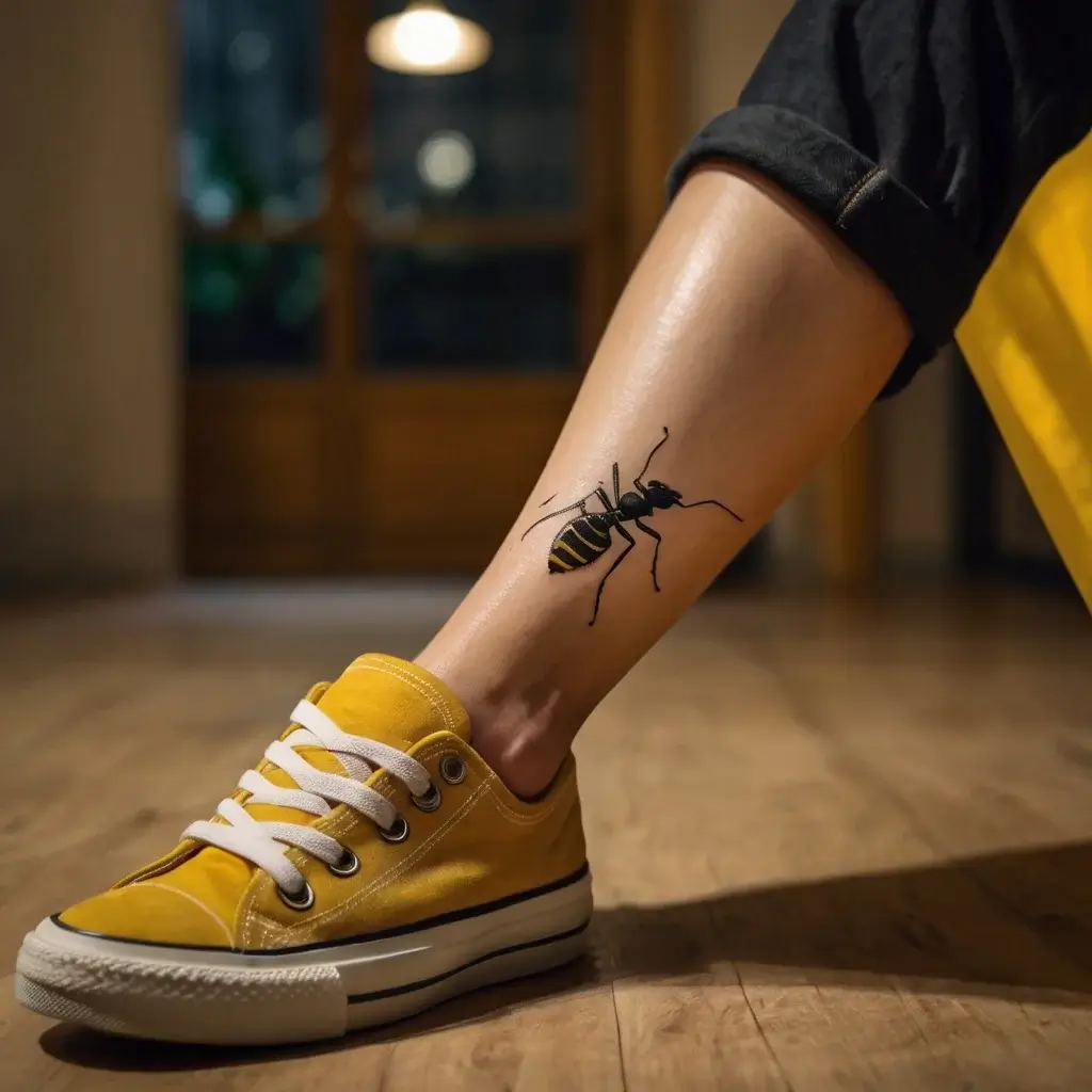 Tattoo of a realistic black and yellow wasp on the calf, showcasing detailed wings and segmented body.