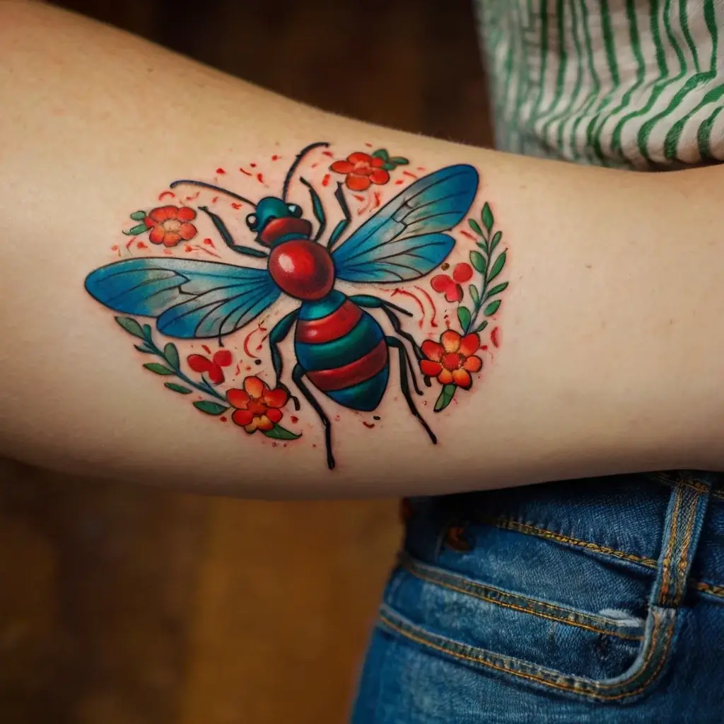 Colorful bee tattoo with red and blue stripes, surrounded by red flowers and green leaves on the arm.