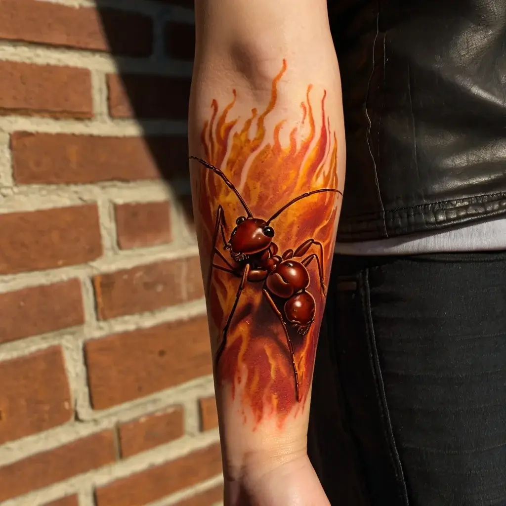 Tattoo of a detailed ant on an arm, set against vibrant, fiery flames, symbolizing strength and resilience.