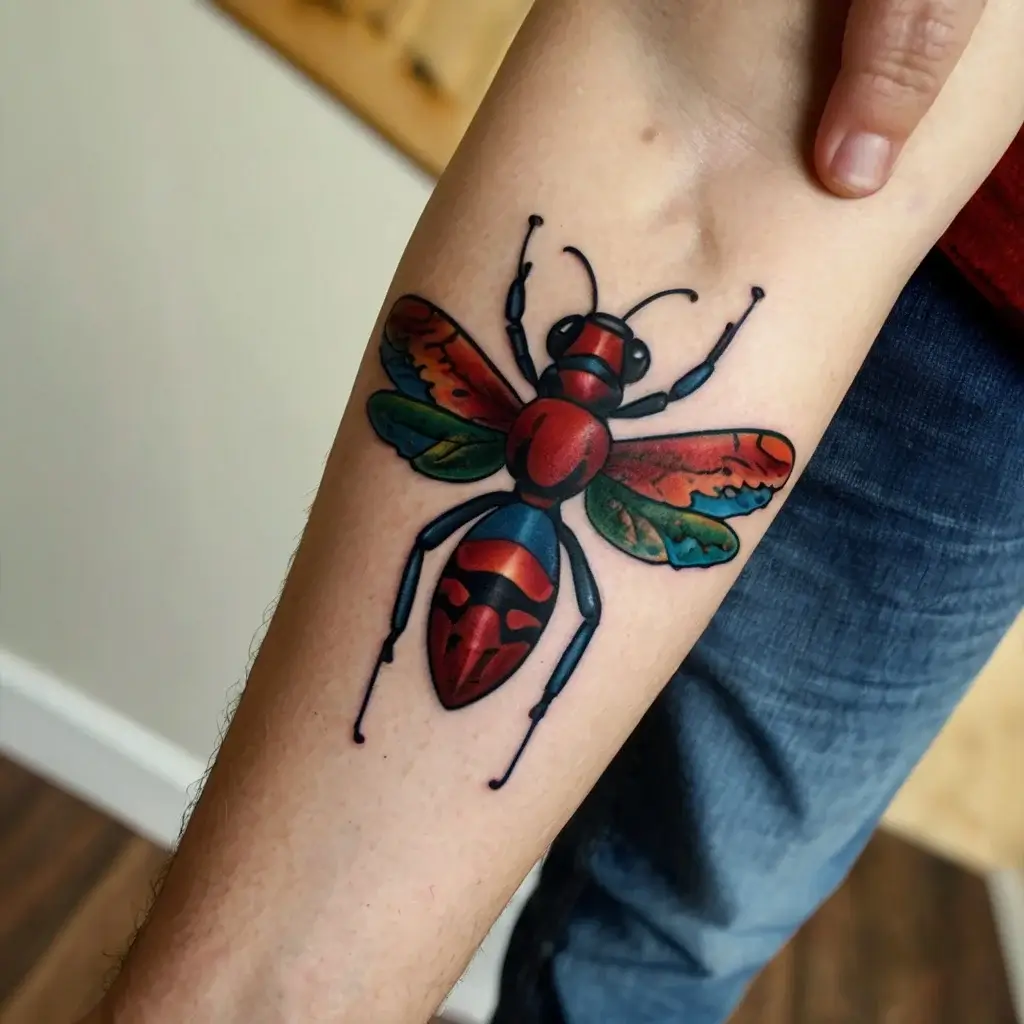 Colorful ant tattoo on forearm, featuring vibrant red and green hues with detailed wings in a neo-traditional style.