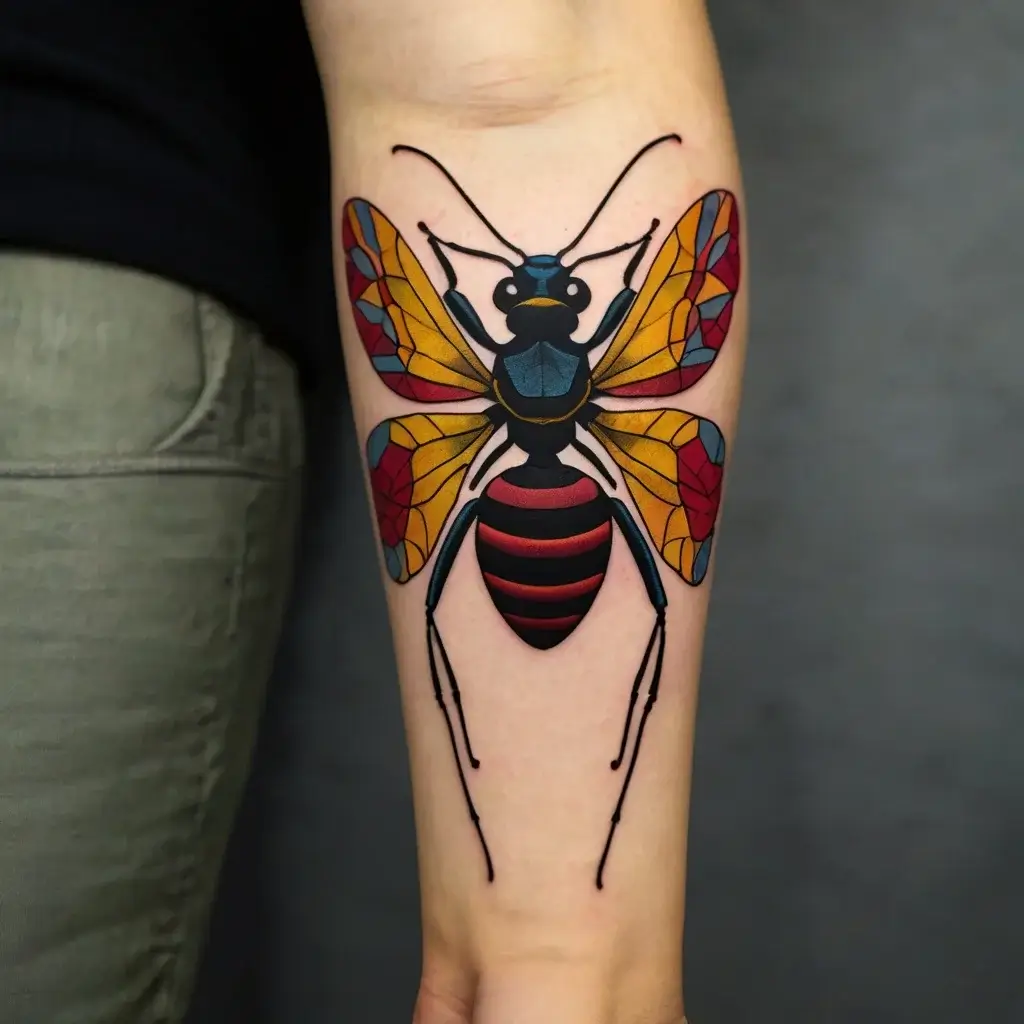 Bold, colorful wasp tattoo design with geometric wings in vibrant red, yellow, and blue hues on the forearm.