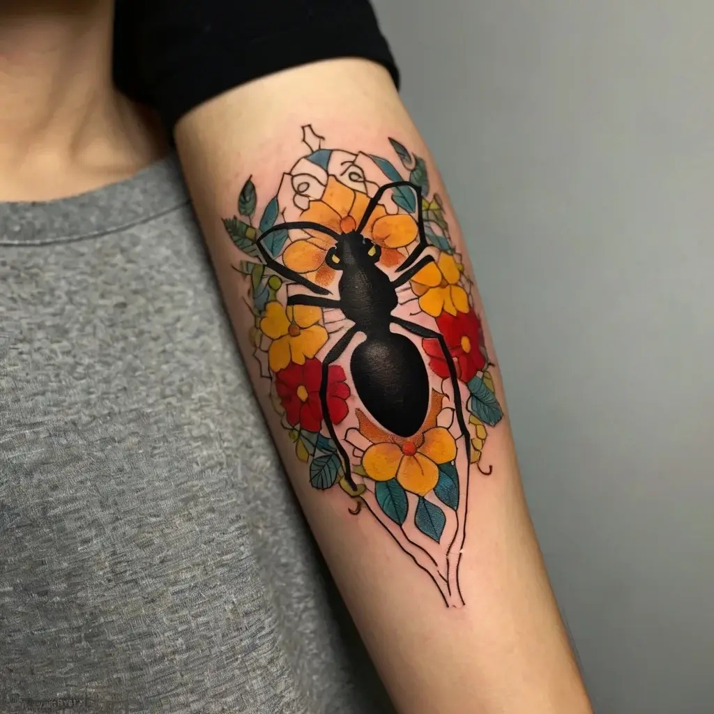 Tattoo of a large black ant surrounded by vibrant orange, yellow, and red flowers with green leaves on the arm.