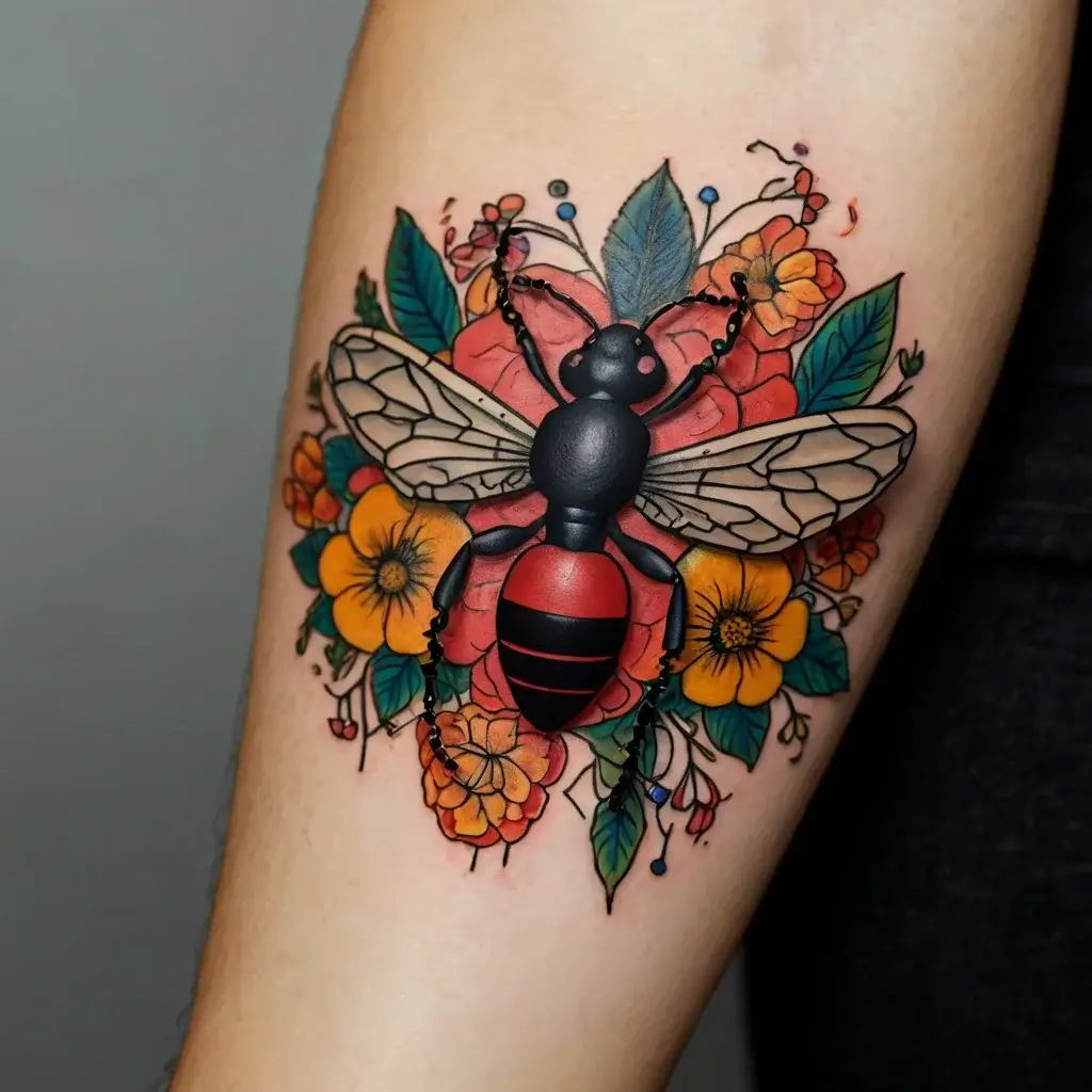 Bold bee and floral tattoo design with colorful red, yellow, and blue flowers, accented by delicate leaves.