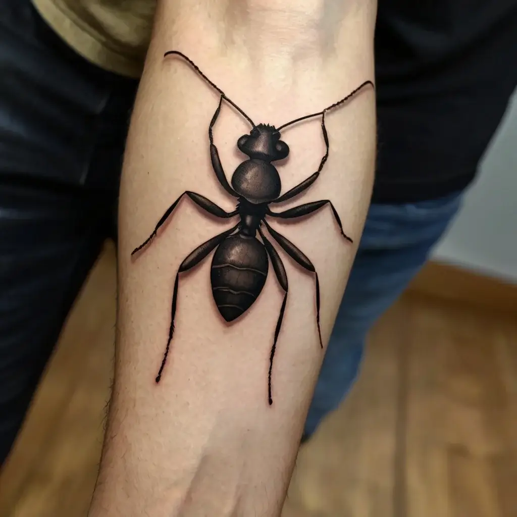 3D realistic ant tattoo on forearm, featuring dark shading and intricate details for a lifelike effect.