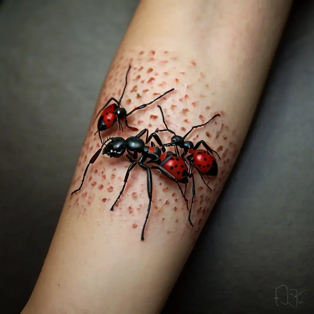 3D tattoo of realistic red ants with black detailing, intricately designed to appear crawling on textured skin.