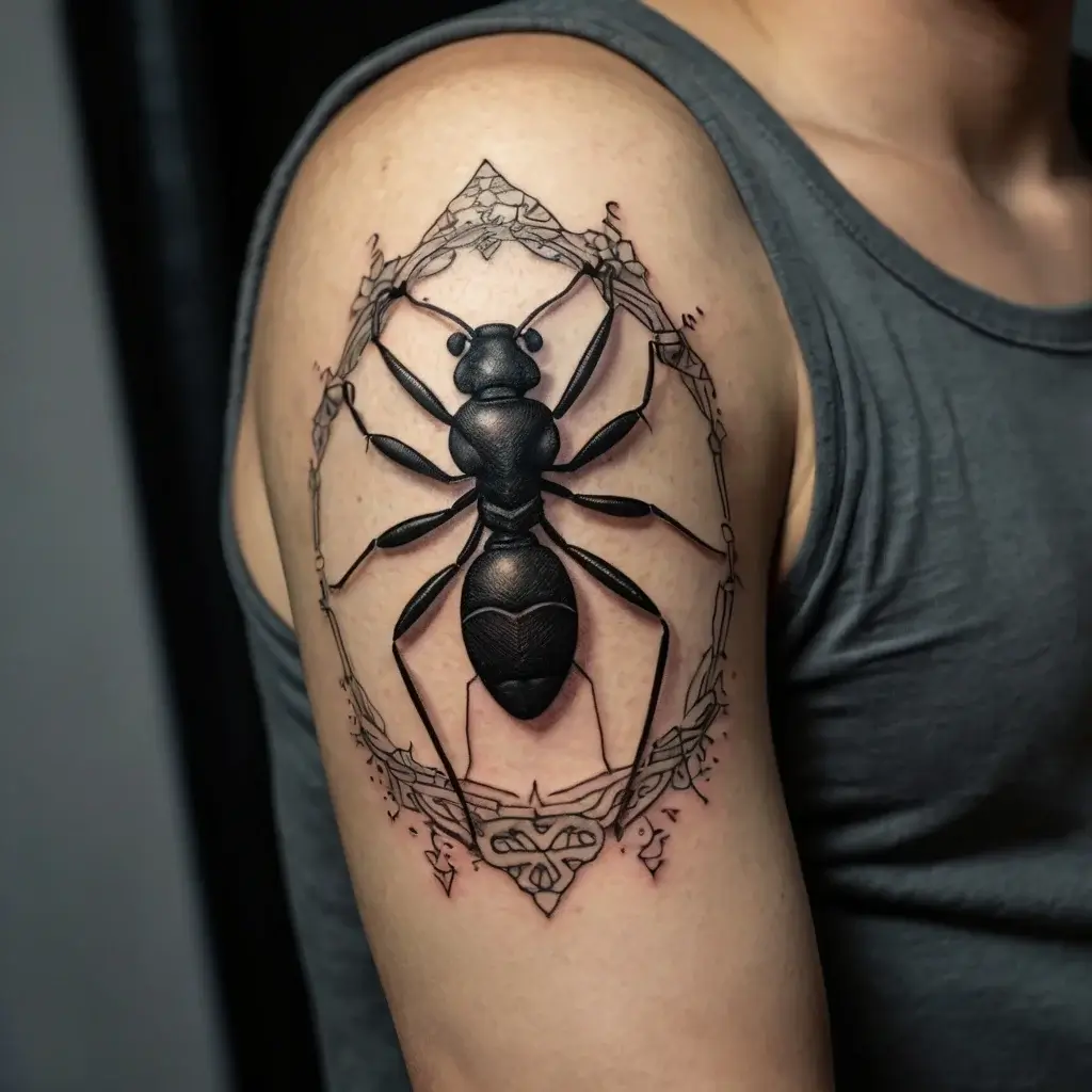 Realistic ant tattoo on upper arm is encased in an ornate, geometric frame with detailed shading and linework.