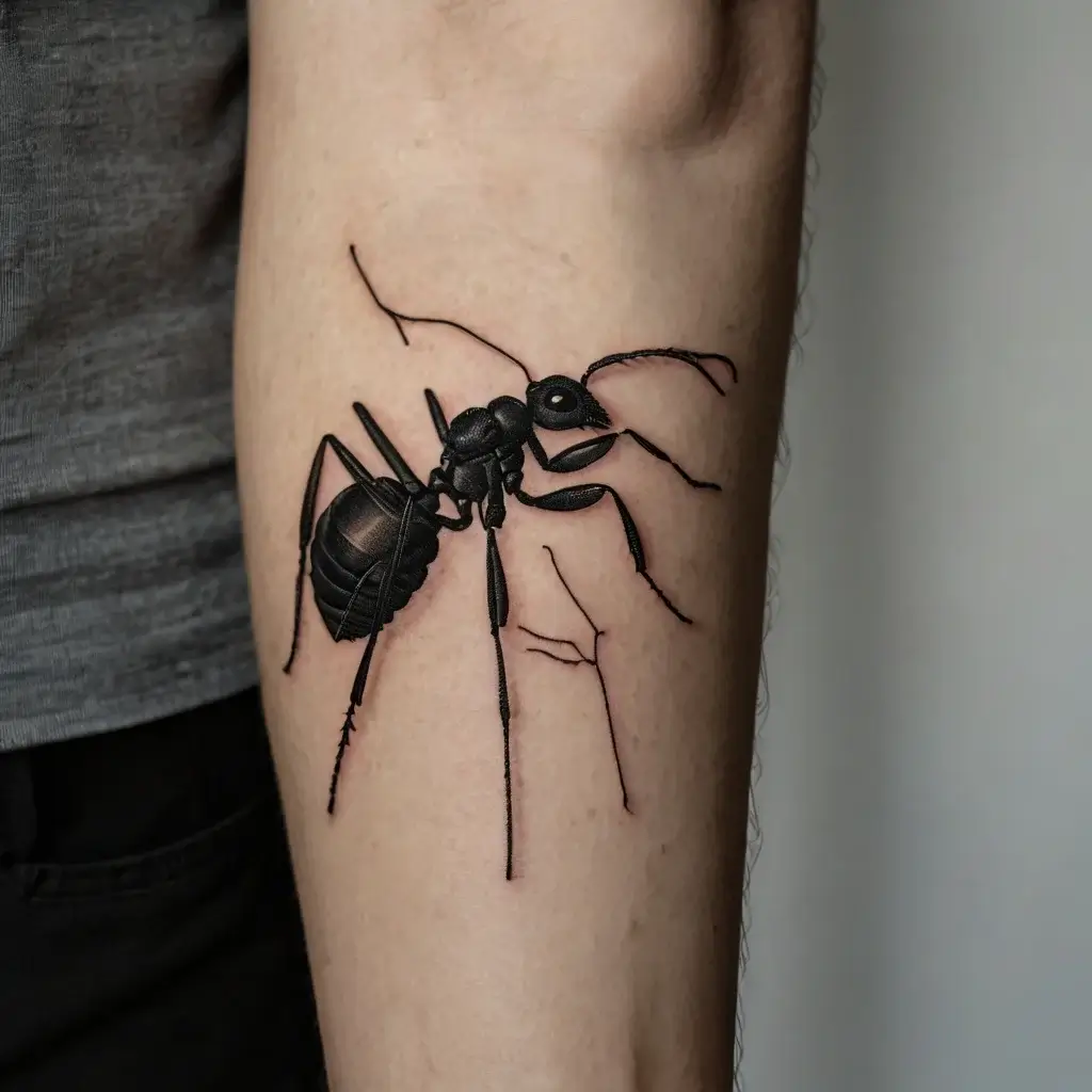 Hyper-realistic black ant tattoo on arm, with detailed legs and body, creating a striking 3D illusion.