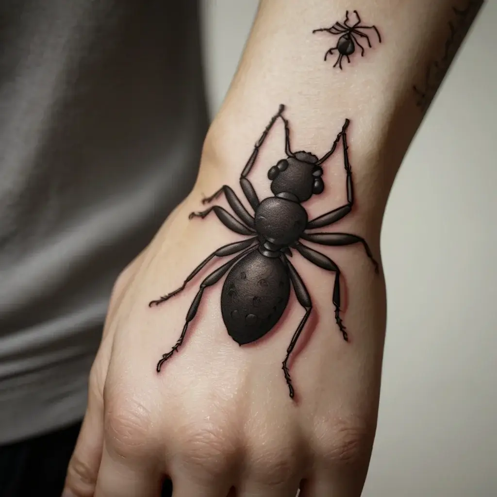 Realistic ant tattoo on hand and wrist; large black ant on hand, smaller ant on wrist for a striking 3D effect.