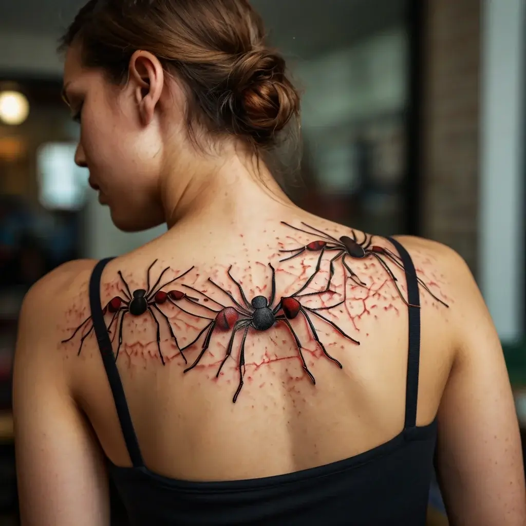 Realistic black and red spider tattoos with 3D effects crawl across the upper back, emphasizing depth and texture.