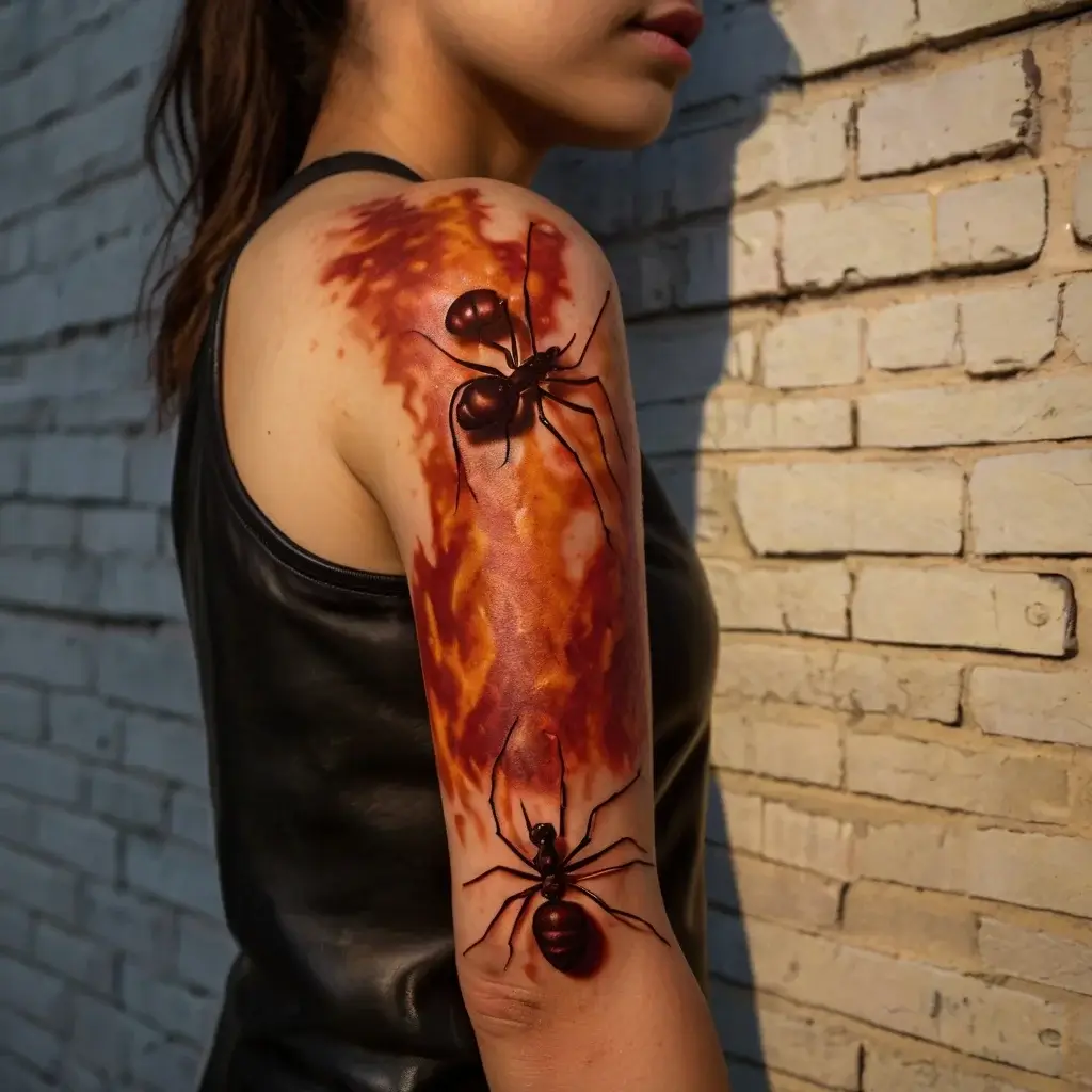 Hyper-realistic ant tattoos on fiery background, covering upper arm with stunning 3D effect and vivid details.