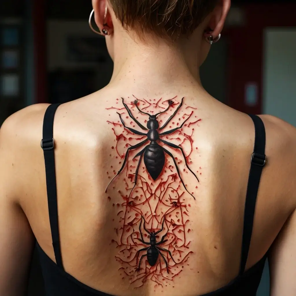 Realistic spiders on back appear to crawl through skin, with red veins adding depth and a dramatic 3D effect.