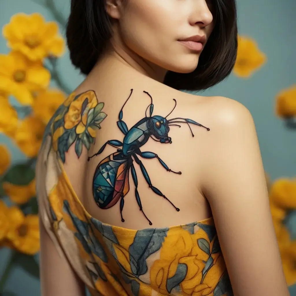 Stylized geometric ant tattoo on shoulder, featuring vivid blue and orange hues, complete with yellow floral accents.