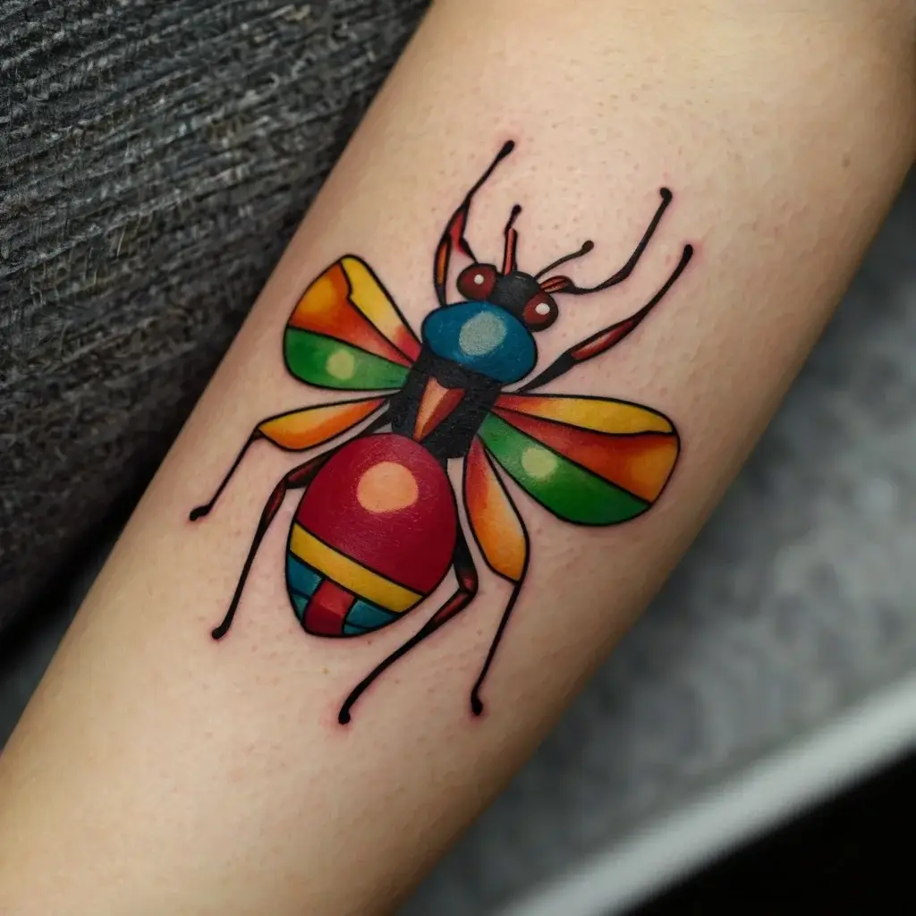 Colorful geometric insect tattoo with vibrant red, blue, green, and yellow segments and bold black outlines.