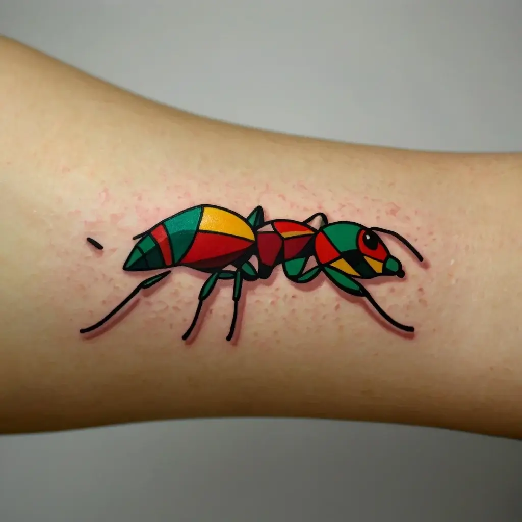 Colorful geometric ant tattoo with red, green, and yellow segments, outlined in black for a bold, stained-glass effect.