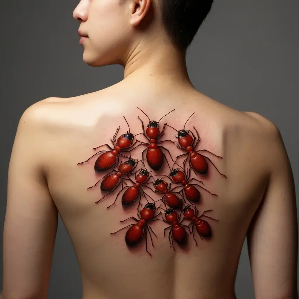 Tattoo of realistic red ants crawling on the back, featuring detailed shading and vibrant color for a 3D effect.