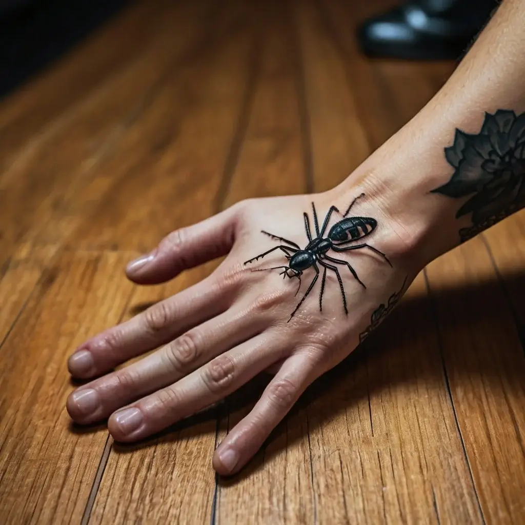 Realistic black ant tattoo on hand, with intricate shading and detail, creating a lifelike appearance on the skin.