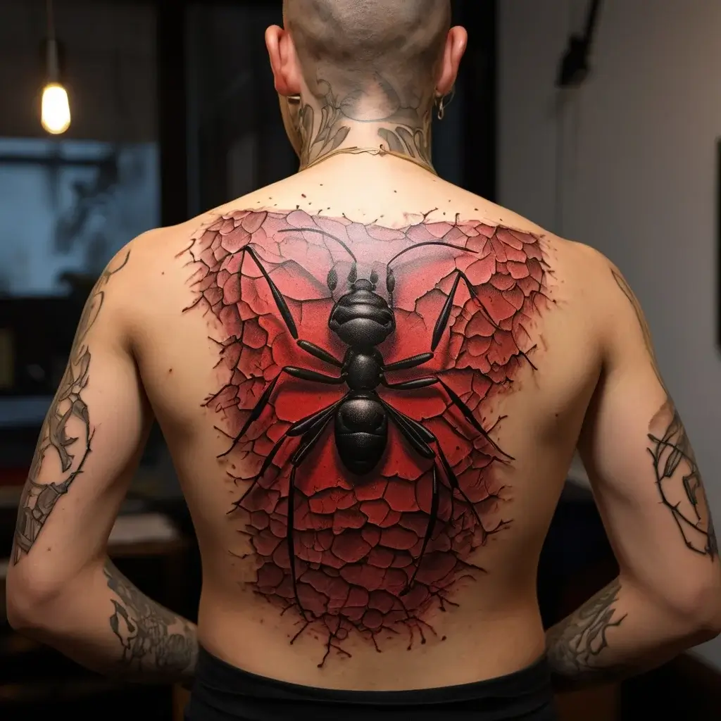 Tattoo of a 3D black ant on a cracked, red background covering the upper back, creating a striking and bold effect.