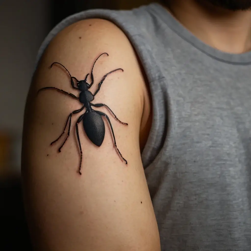 3D black ant tattoo on upper arm, showcasing realism with detailed shading and a lifelike effect.