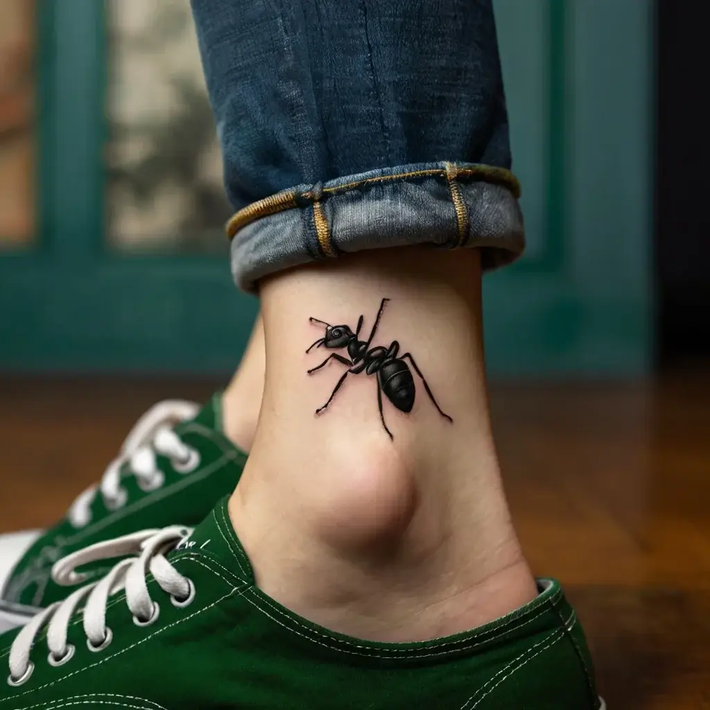 Realistic black ant tattoo on ankle, detailed and shaded, creating a lifelike 3D effect against the skin.