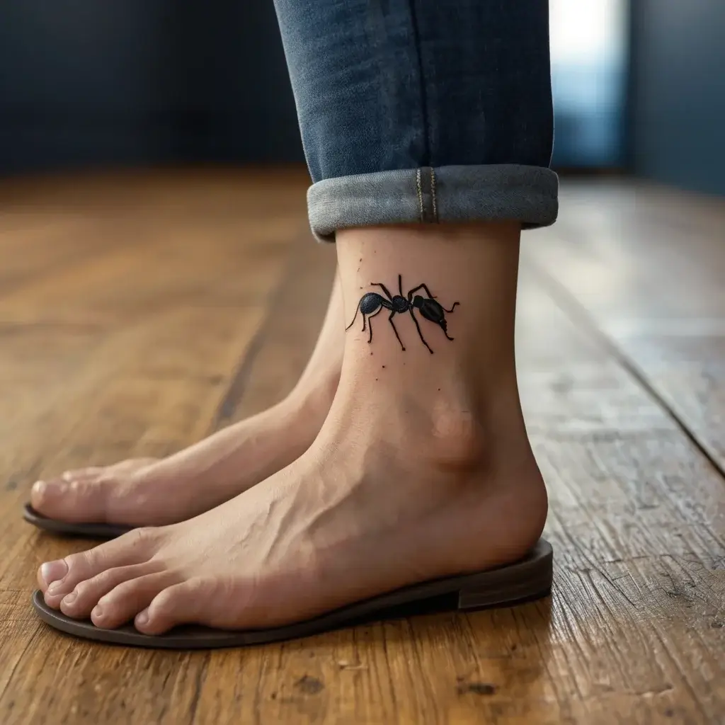 Black ink ant tattoo on the ankle, symbolizing strength and teamwork, detailed with realistic proportions.