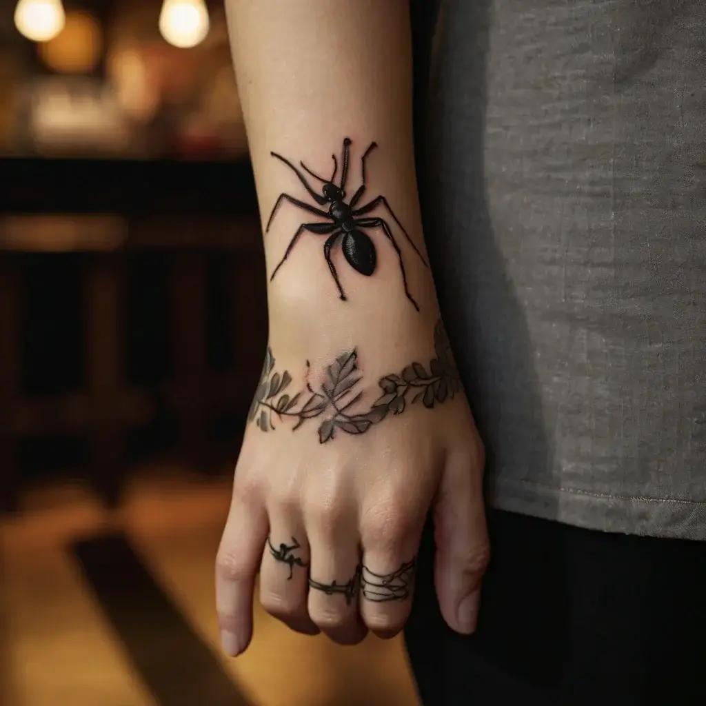 Realistic black ant tattoo on wrist, with delicate leaf band and minimalist line art on fingers.