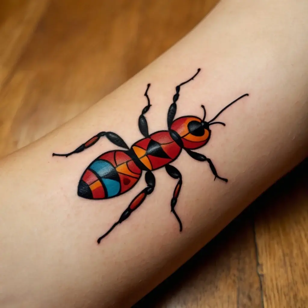 Tattoo of a stylized ant in vibrant geometric patterns with red, blue, and black shading on the forearm.