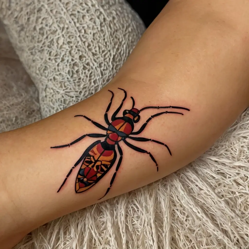 Bold geometric insect tattoo in black and red hues, featuring intricate tribal patterns on the body and wings.