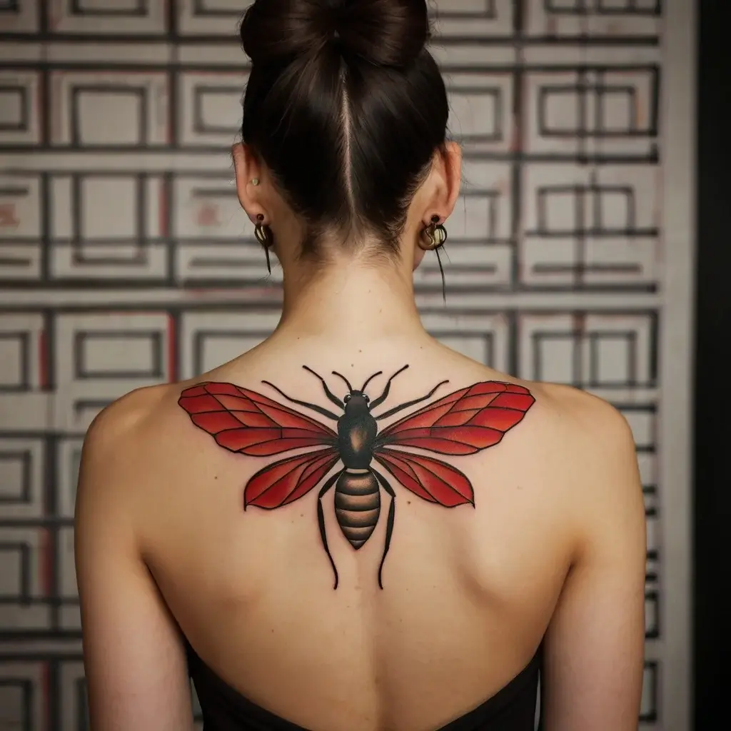 Tattoo of a large red and black wasp with detailed wings spans across the upper back, showcasing bold and vivid colors.