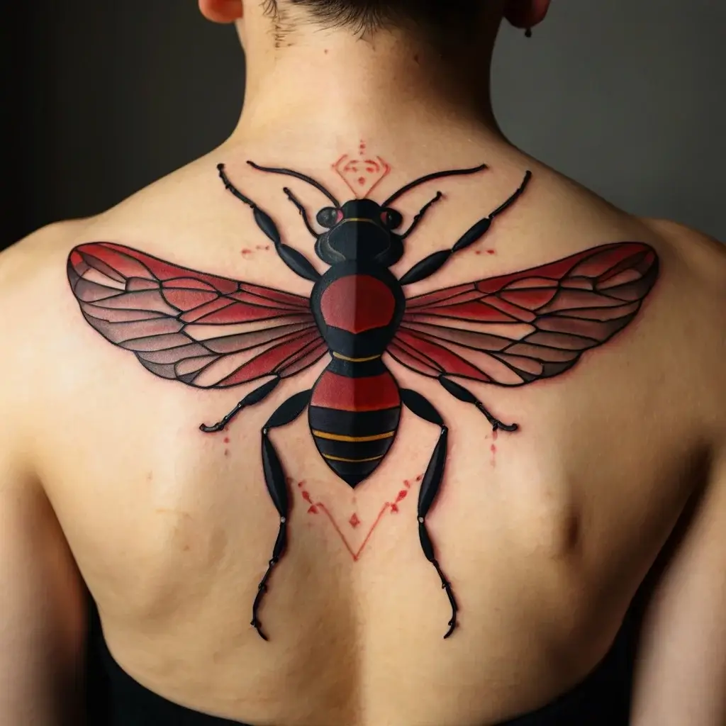 Tattoo of a stylized wasp in geometric design with red and black wings, covering the upper back.