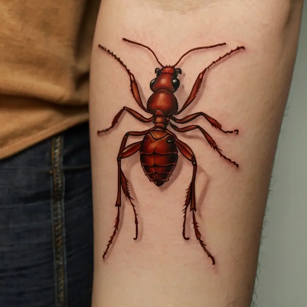 Realistic 3D tattoo of a red ant on the skin, showcasing intricate shading and lifelike details.