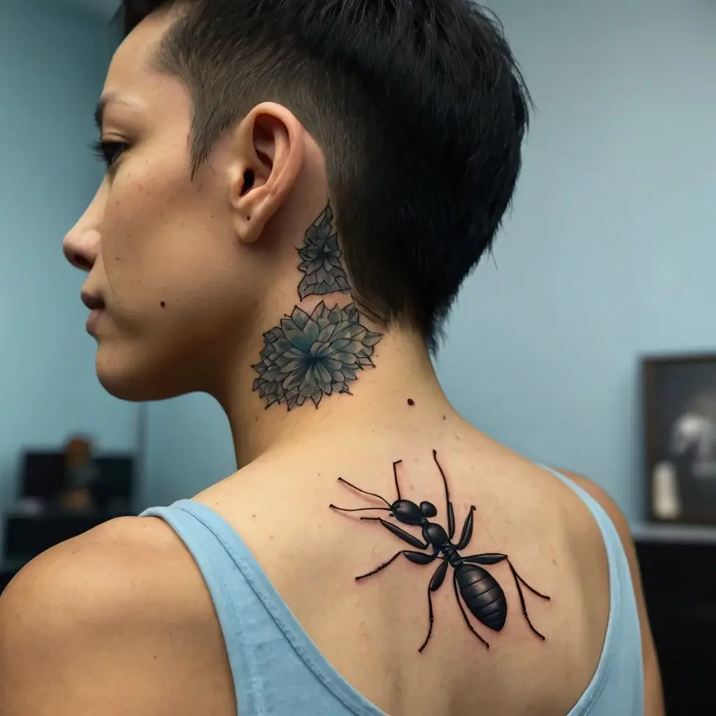 Realistic black ant tattoo on upper back, paired with geometric floral designs on neck and side of head.