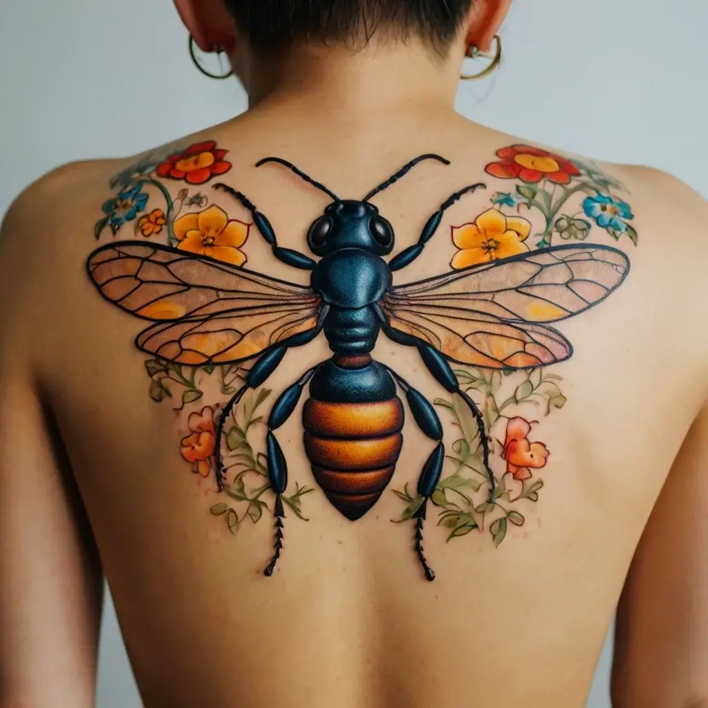 Large bee tattoo with vibrant blue and orange hues, surrounded by colorful flowers, covering the upper back.