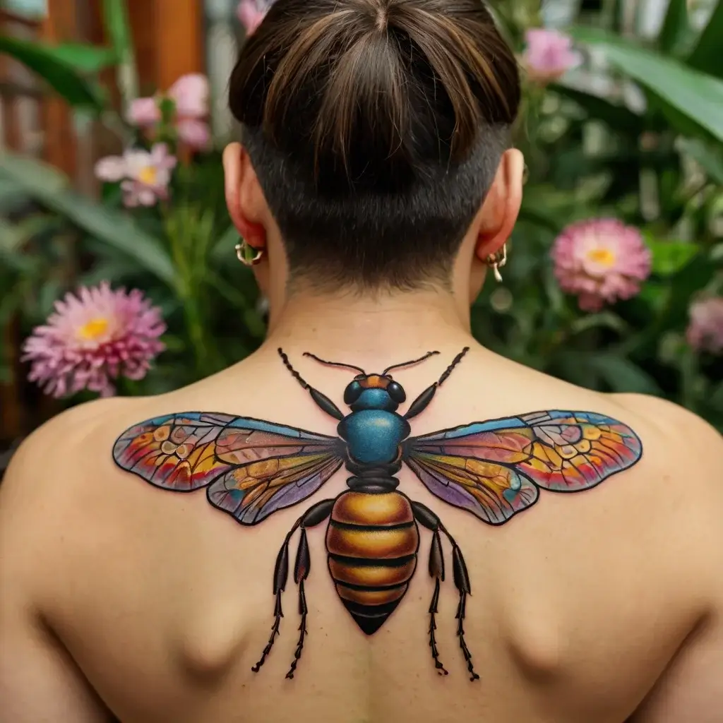 Colorful wasp tattoo with intricate, vibrant wings spread across the upper back, showcasing detailed realism and vivid hues.