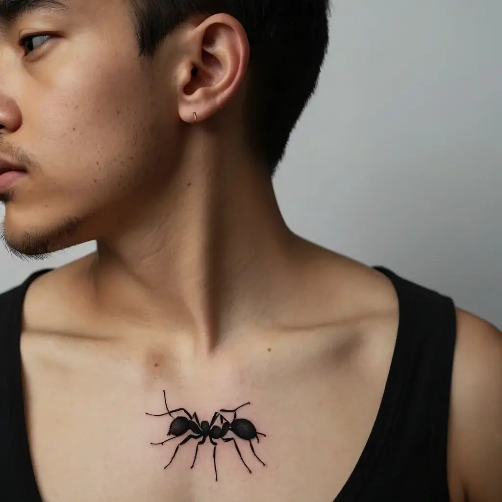 Black ant tattoo on chest, showcasing realistic shading and detail, symbolizing resilience and teamwork.