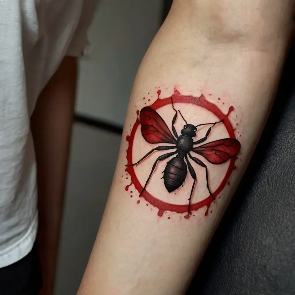 Realistic ant tattoo with red wings set within a splattered red circle, symbolizing strength and resilience.