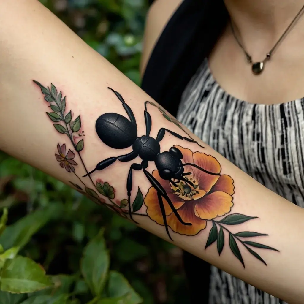 Realistic black ant on a vibrant orange flower, surrounded by green leaves and small blossoms on the forearm.