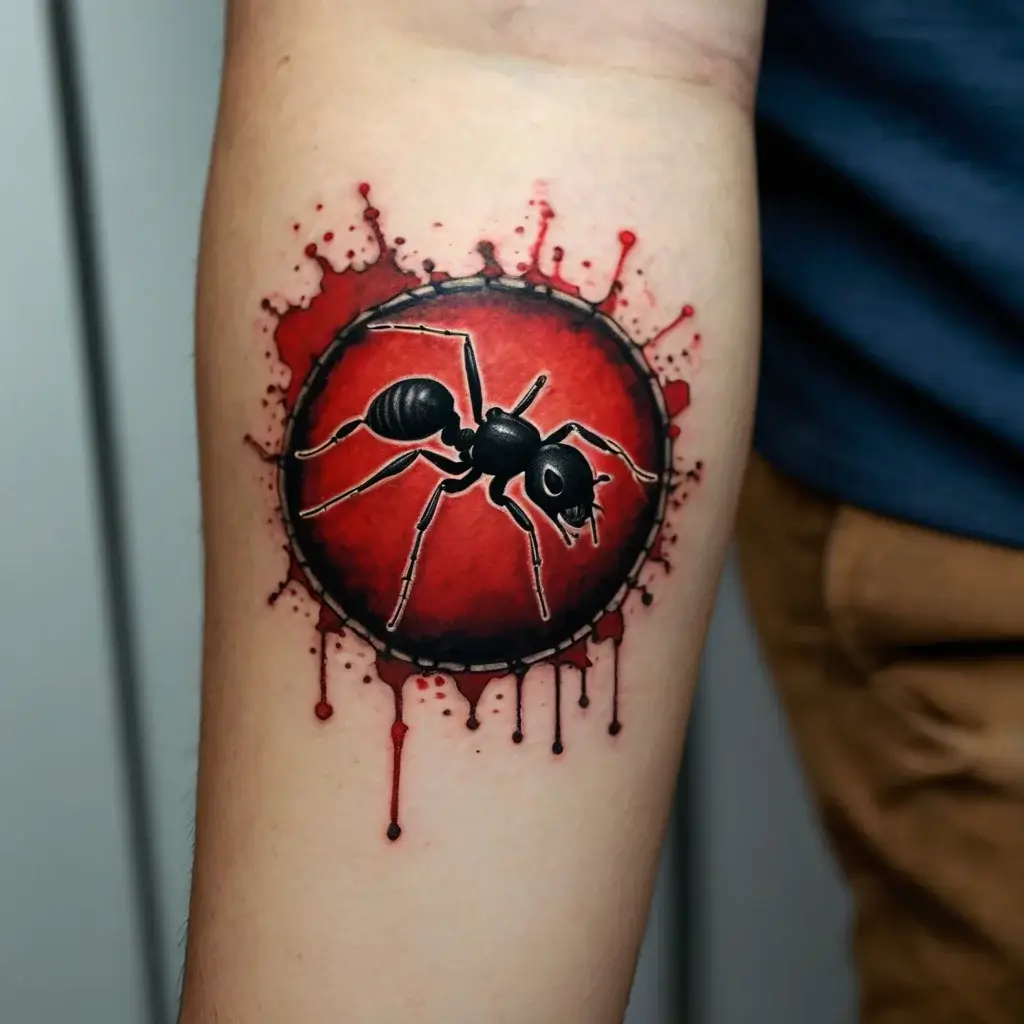 Ant tattoo on arm with a bold black design, set against a red circle with splattered, drippy edges for dramatic effect.