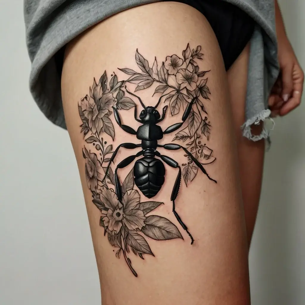 Detailed ant tattoo surrounded by shaded flowers on the thigh, combining realistic and botanical elements.