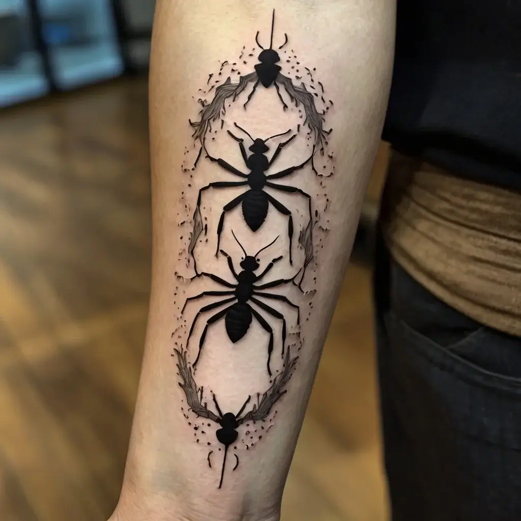 Realistic tattoo of three ants connected in a vertical row, with intricate shading and dot detailing.