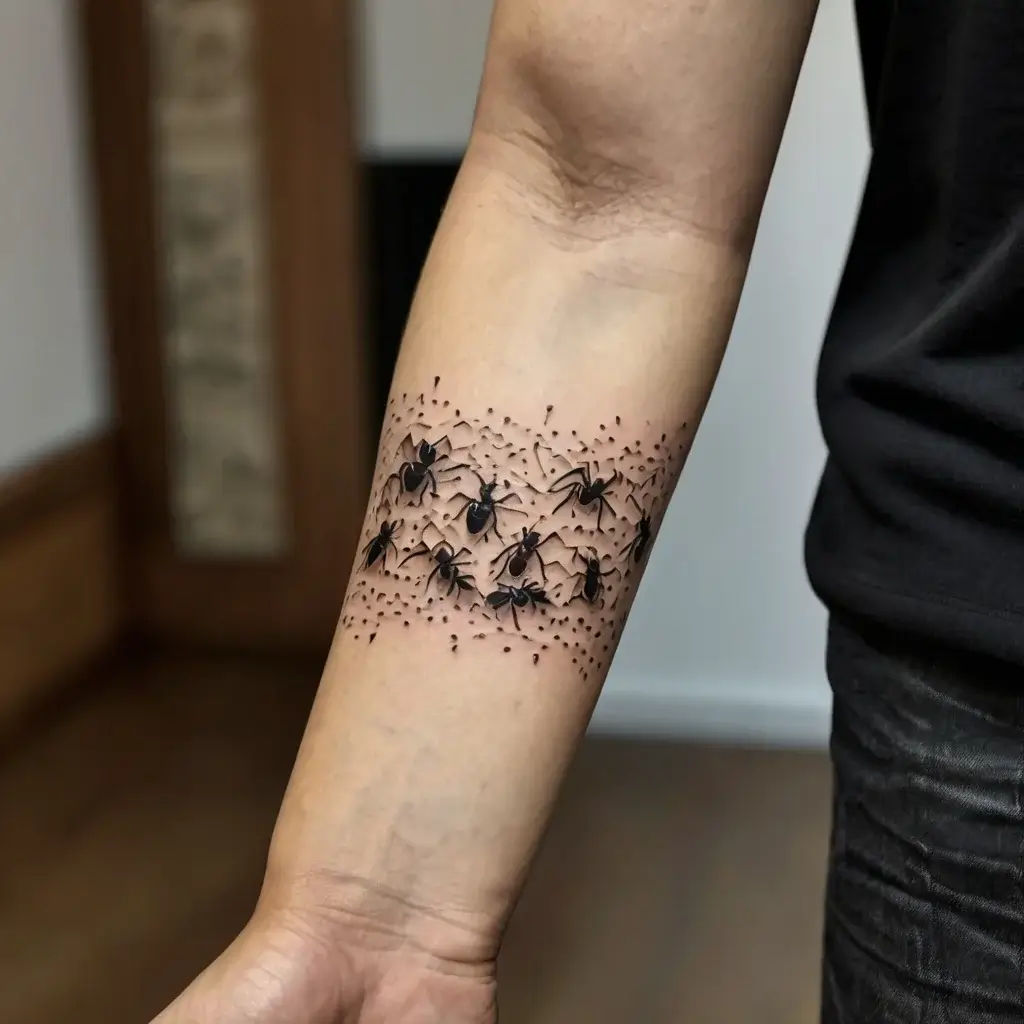 Intricate ant trail tattoo wraps around the forearm, creating a 3D illusion of ants marching on skin.