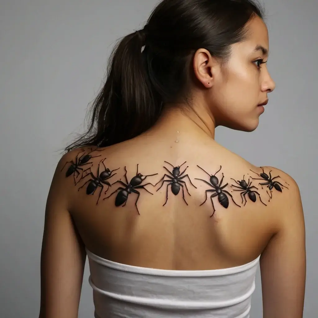 Realistic 3D ant tattoo design crawling across the upper back, featuring seven detailed black ants.