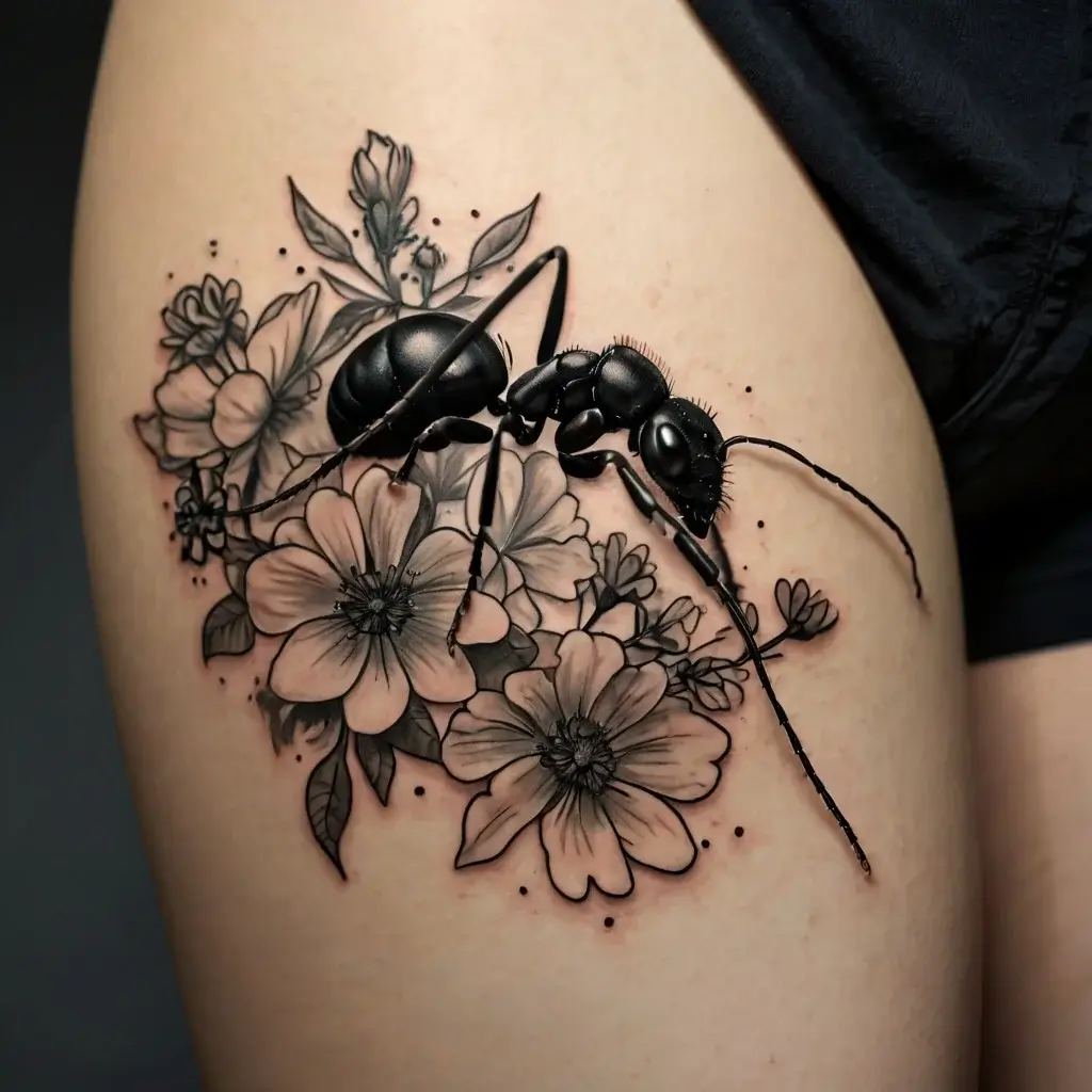 Detailed black ant tattoo with soft floral elements, blending realism and artistry on skin.