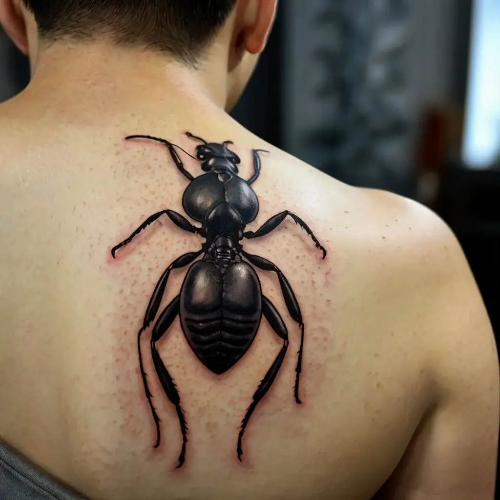 Realistic 3D black ant tattoo on upper back, intricately detailed with shading to enhance lifelike appearance.