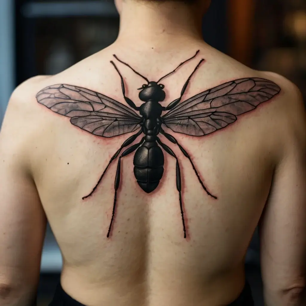 Realistic wasp tattoo design covering the whole back, featuring detailed wings and an intricate body in black ink.