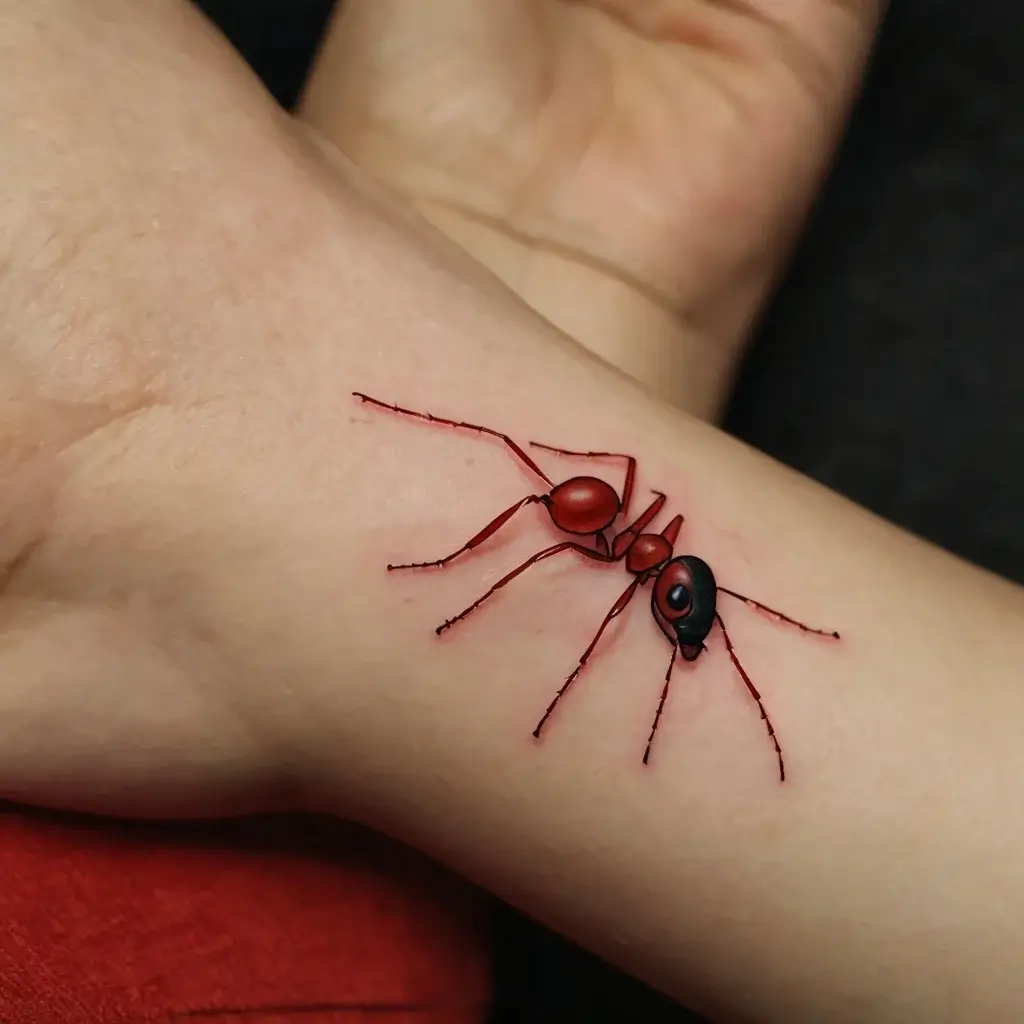 Realistic red ant tattoo on wrist; features detailed shading and lifelike proportions for a 3D effect.